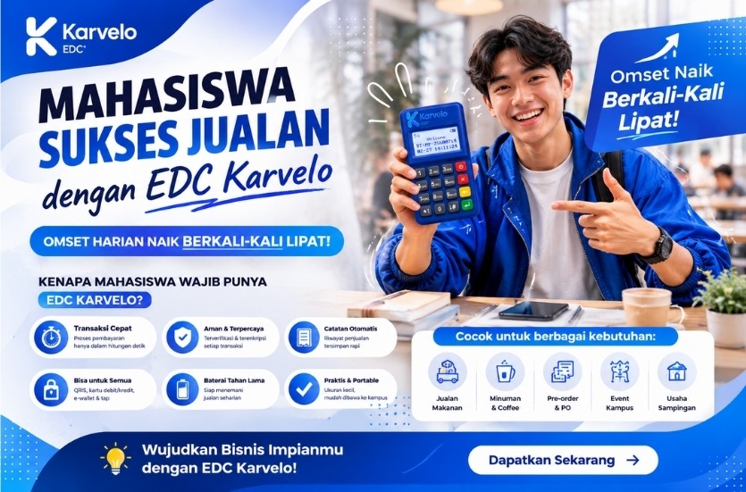 Mahasiswa 2026 Sukses Jualan dengan EDC Karvelo, Omset Harian Naik Berkali-Kali Lipat 2 Mahasiswa sedang berjualan menggunakan mesin EDC Karvelo untuk pembayaran cashless